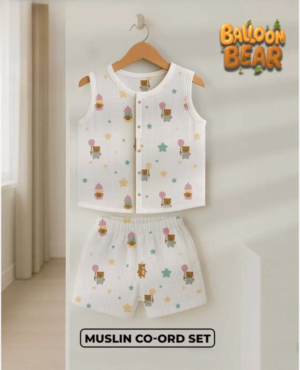White_Muslin_Bear_Print_Sleeveless_Co-Ord_Set_For_Babies