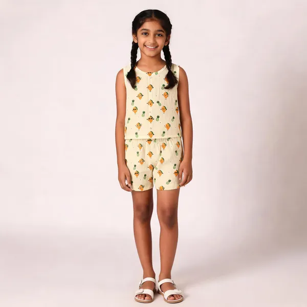 Cream_Muslin_Printed_Sleeveless_Co-Ord_Set_For_Babies