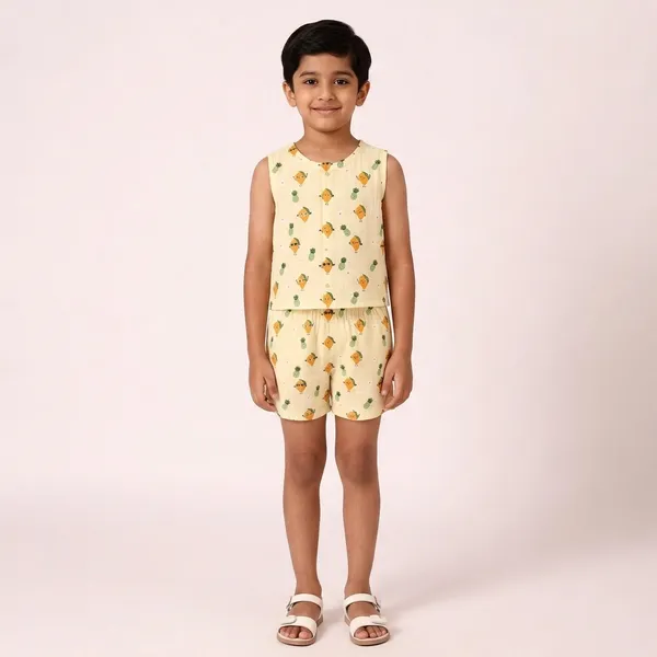 Cream_Muslin_Printed_Sleeveless_Co-Ord_Set_For_Babies