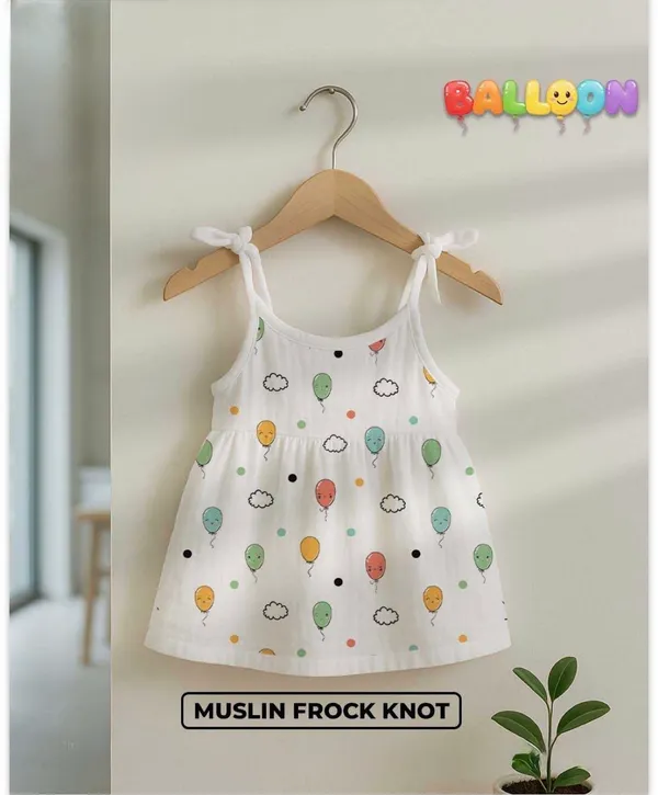 White_Muslin_Balloon_Print_Knot_Frock_For_Baby_Girls