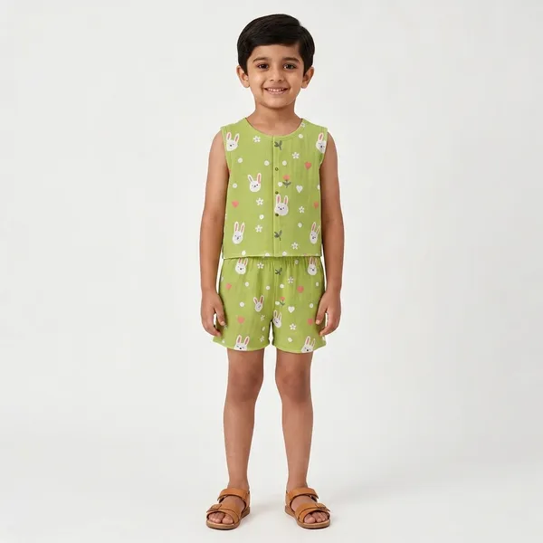 Green_Muslin_Sleeveless_Bunny_Print_Co-Ord_Set_For_Babies