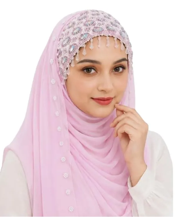 Pink_Georgette_Embellished_Crystal_Sequin_Hijab_For_Women