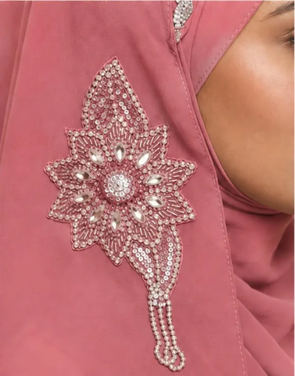 Pink_Georgette_Rhinestone_Floral_Crystal_Border_Hijab_For_Women