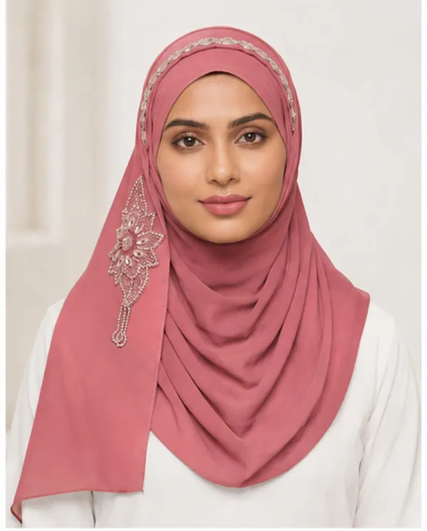 Pink_Georgette_Rhinestone_Floral_Crystal_Border_Hijab_For_Women