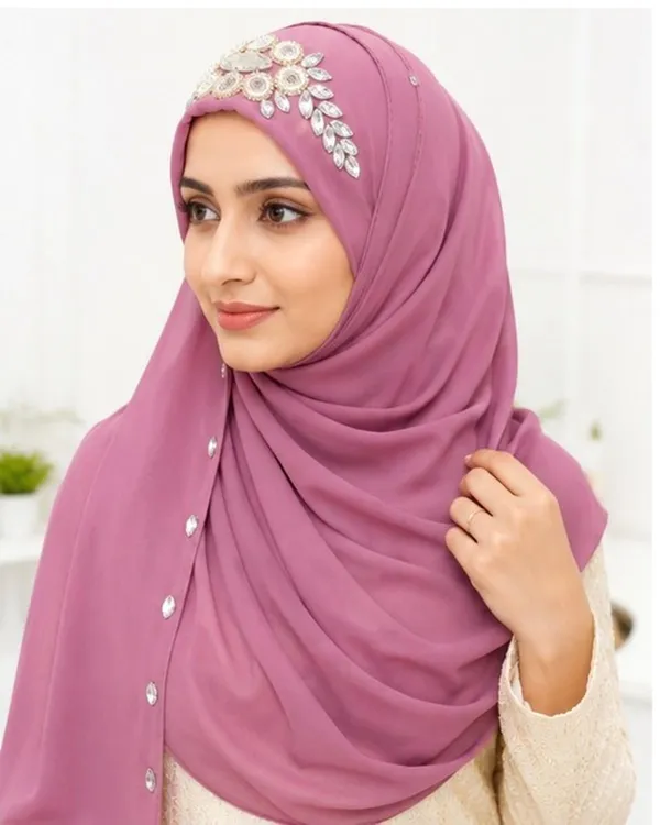 Pink_Georgette_Floral_Beaded_Embellished_Hijab_For_Women