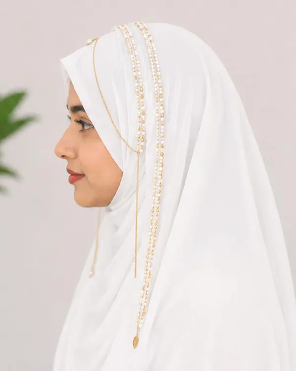 White_Georgette_Pearl_Gold_Beaded_Head_Chain_Hijab_For_Women