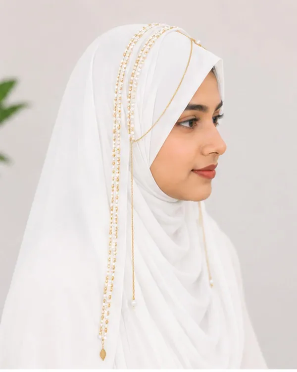 White_Georgette_Pearl_Gold_Beaded_Head_Chain_Hijab_For_Women