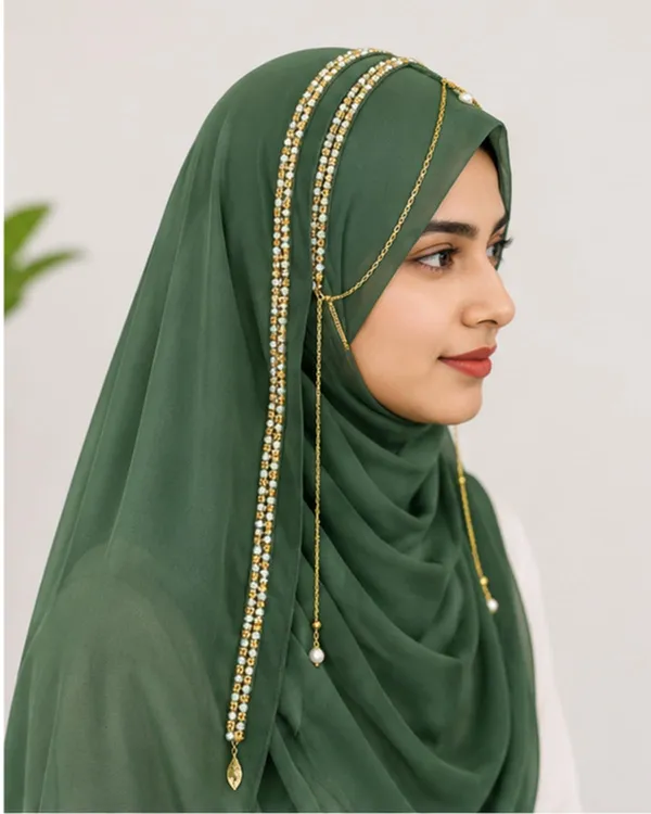 Green_Georgette_Pearl_Beaded_Chain_Embellished_Hijab_For_Women