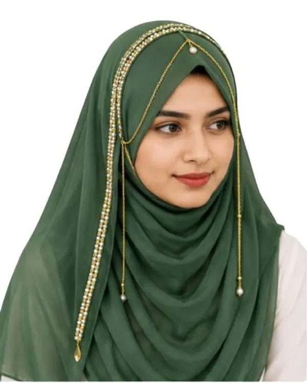 Green_Georgette_Pearl_Beaded_Chain_Embellished_Hijab_For_Women