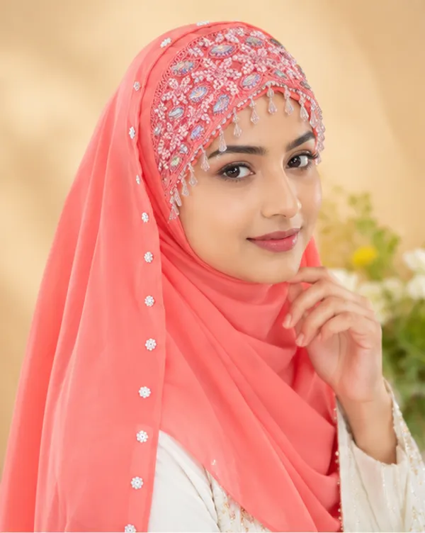 FAHAARI_Premium_Peach_Embroidery_&_Diamond_Work_Georgette_Hijab_for_Women
