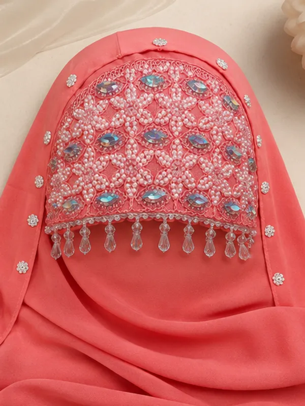 FAHAARI_Premium_Peach_Embroidery_&_Diamond_Work_Georgette_Hijab_for_Women