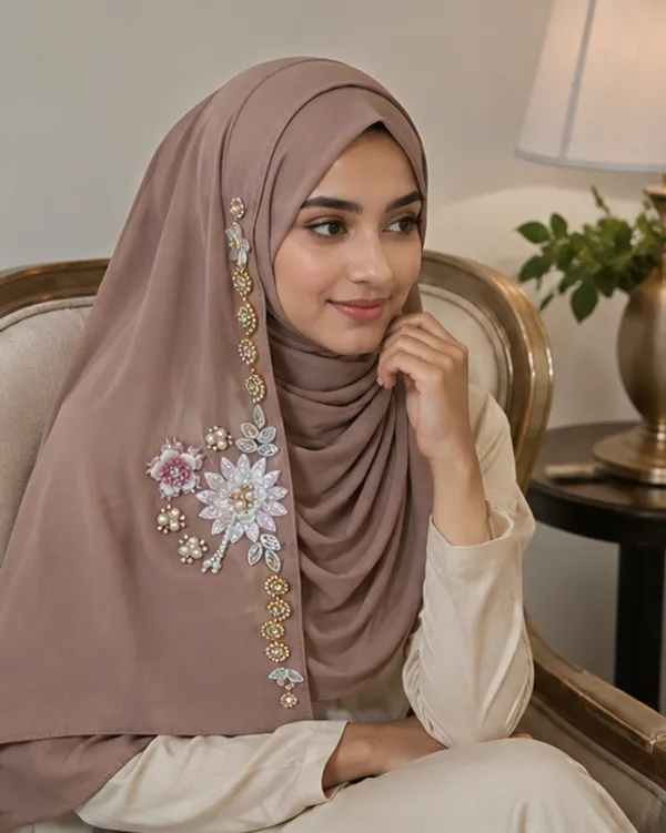 FAHAARI_Premium_Light_Brown_Floral_Latkan_Georgette_Hijab_for_Women_&_Girls_|_Elegant_Side_Flower_Embellished_Islamic_Head_Scarf_|_Soft_Lightweight_|_Free_Size