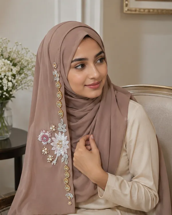 FAHAARI_Premium_Light_Brown_Floral_Latkan_Georgette_Hijab_for_Women_&_Girls_|_Elegant_Side_Flower_Embellished_Islamic_Head_Scarf_|_Soft_Lightweight_|_Free_Size