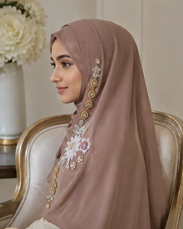 FAHAARI_Premium_Light_Brown_Floral_Latkan_Georgette_Hijab_for_Women_&_Girls_|_Elegant_Side_Flower_Embellished_Islamic_Head_Scarf_|_Soft_Lightweight_|_Free_Size