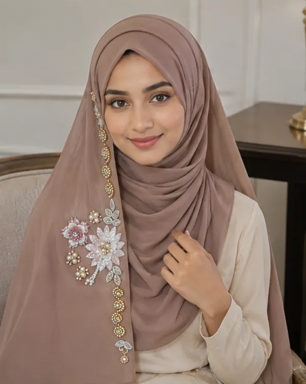 FAHAARI_Premium_Light_Brown_Floral_Latkan_Georgette_Hijab_for_Women_&_Girls_|_Elegant_Side_Flower_Embellished_Islamic_Head_Scarf_|_Soft_Lightweight_|_Free_Size