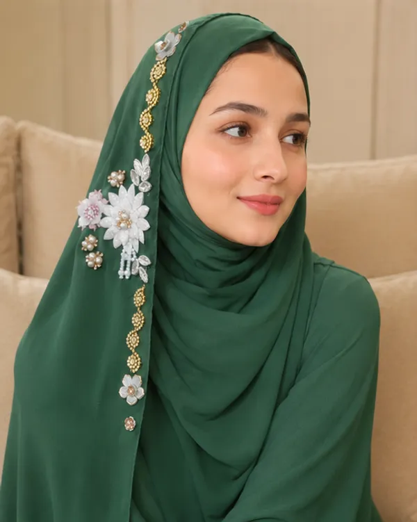 FAHAARI_Premium_Dark_Green_Floral_Latkan_Georgette_Hijab_for_Women_&_Girls_|_Elegant_Side_Flower_Embellished_Islamic_Head_Scarf_|_Soft_Lightweight_|_Free_Size