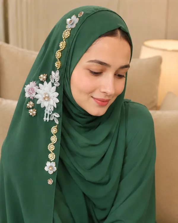 FAHAARI_Premium_Dark_Green_Floral_Latkan_Georgette_Hijab_for_Women_&_Girls_|_Elegant_Side_Flower_Embellished_Islamic_Head_Scarf_|_Soft_Lightweight_|_Free_Size