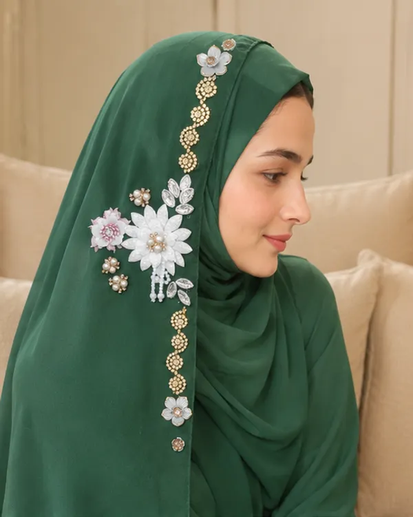 FAHAARI_Premium_Dark_Green_Floral_Latkan_Georgette_Hijab_for_Women_&_Girls_|_Elegant_Side_Flower_Embellished_Islamic_Head_Scarf_|_Soft_Lightweight_|_Free_Size