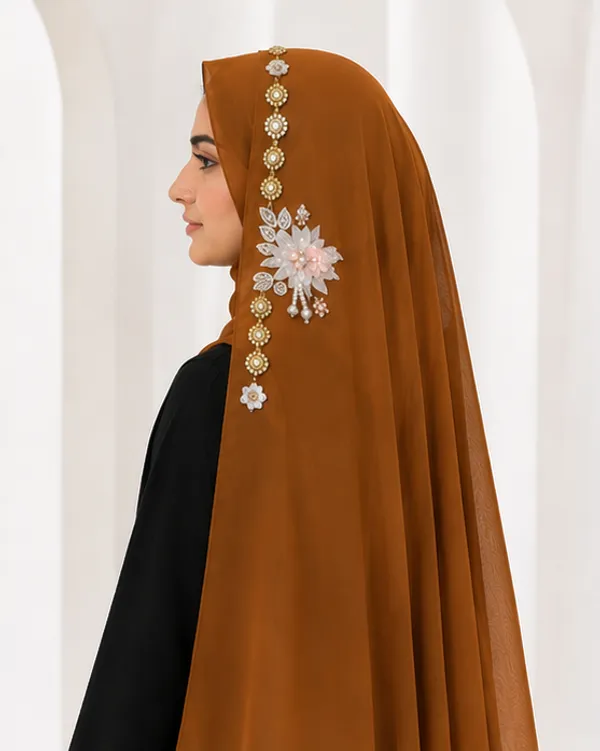 FAHAARI_Premium_Mustured_Floral_Latkan_Georgette_Hijab_for_Women_&_Girls_|_Elegant_Side_Flower_Embellished_Islamic_Head_Scarf_|_Soft_Lightweight_|_Free_Size