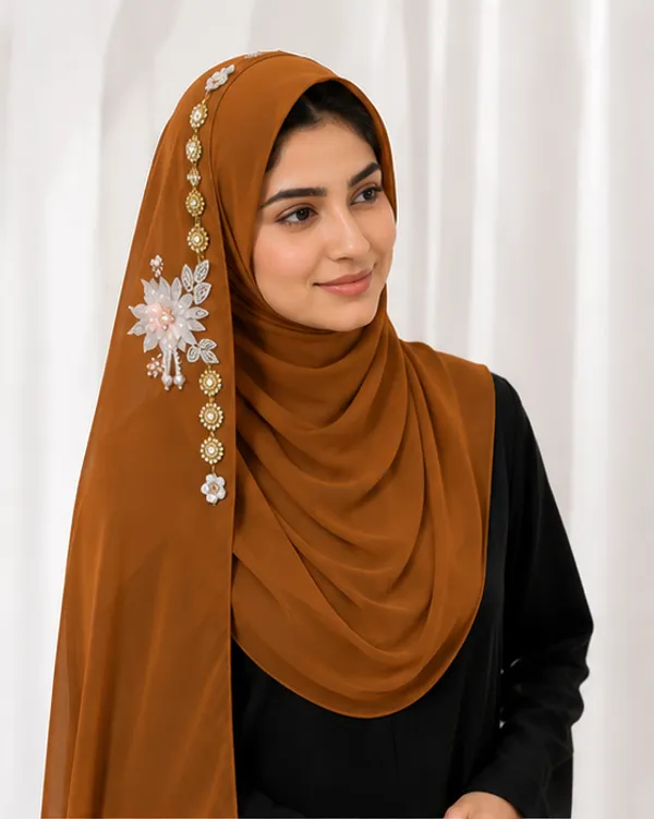 FAHAARI_Premium_Mustured_Floral_Latkan_Georgette_Hijab_for_Women_&_Girls_|_Elegant_Side_Flower_Embellished_Islamic_Head_Scarf_|_Soft_Lightweight_|_Free_Size