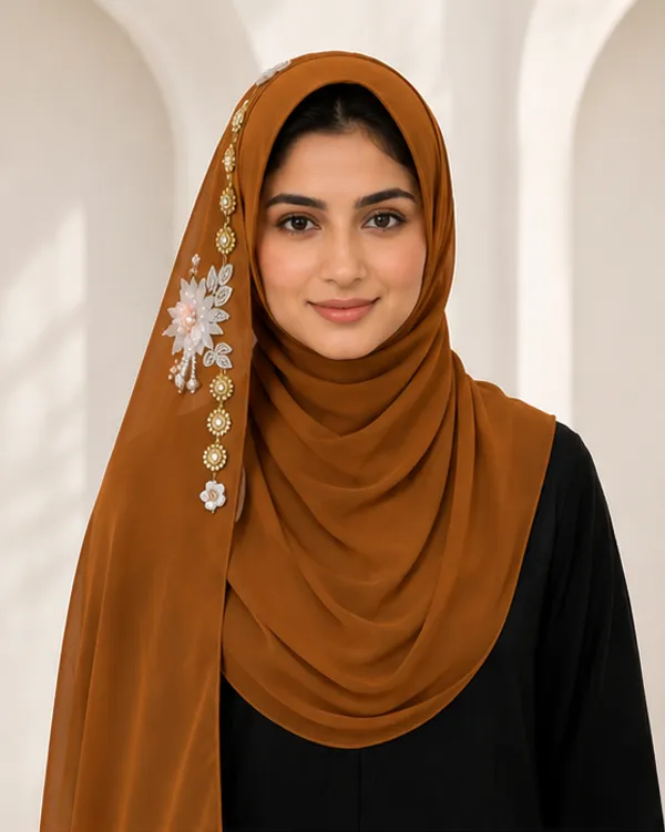 FAHAARI_Premium_Mustured_Floral_Latkan_Georgette_Hijab_for_Women_&_Girls_|_Elegant_Side_Flower_Embellished_Islamic_Head_Scarf_|_Soft_Lightweight_|_Free_Size