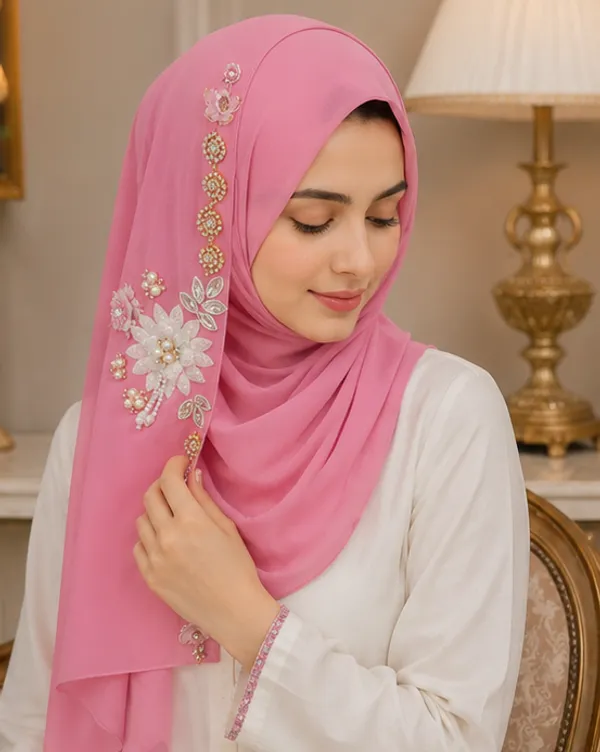 FAHAARI_Premium_Pink_Floral_Latkan_Georgette_Hijab_for_Women_&_Girls_|_Elegant_Side_Flower_Embellished_Islamic_Head_Scarf_|_Soft_Lightweight_|_Free_Size