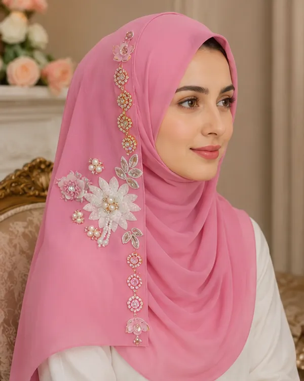 FAHAARI_Premium_Pink_Floral_Latkan_Georgette_Hijab_for_Women_&_Girls_|_Elegant_Side_Flower_Embellished_Islamic_Head_Scarf_|_Soft_Lightweight_|_Free_Size