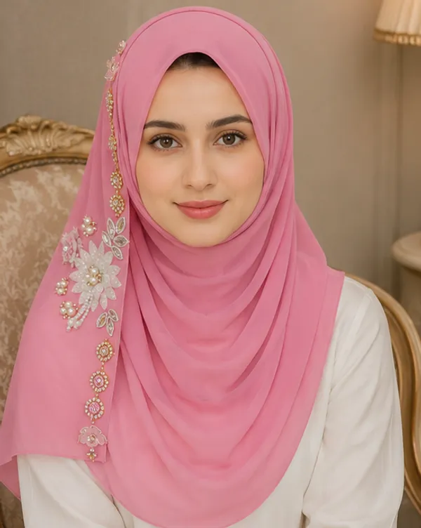 FAHAARI_Premium_Pink_Floral_Latkan_Georgette_Hijab_for_Women_&_Girls_|_Elegant_Side_Flower_Embellished_Islamic_Head_Scarf_|_Soft_Lightweight_|_Free_Size