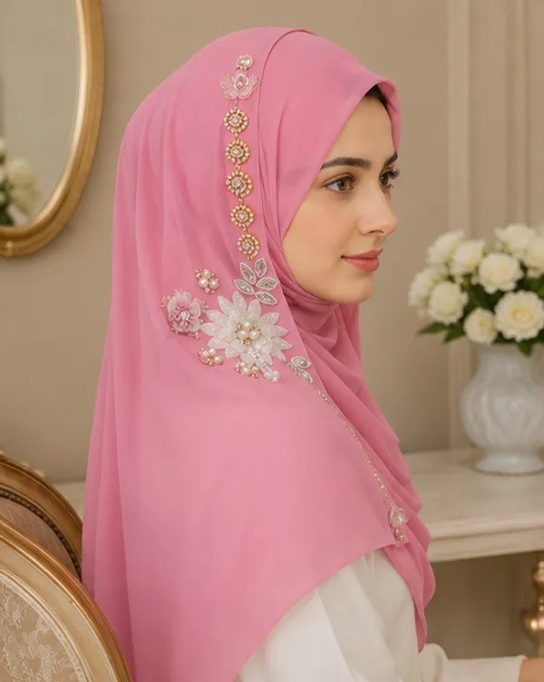FAHAARI_Premium_Pink_Floral_Latkan_Georgette_Hijab_for_Women_&_Girls_|_Elegant_Side_Flower_Embellished_Islamic_Head_Scarf_|_Soft_Lightweight_|_Free_Size