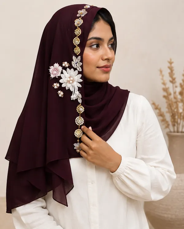 FAHAARI_Premium_Purple_Floral_Latkan_Georgette_Hijab_for_Women_&_Girls_|_Elegant_Side_Flower_Embellished_Islamic_Head_Scarf_|_Soft_Lightweight_|_Free_Size