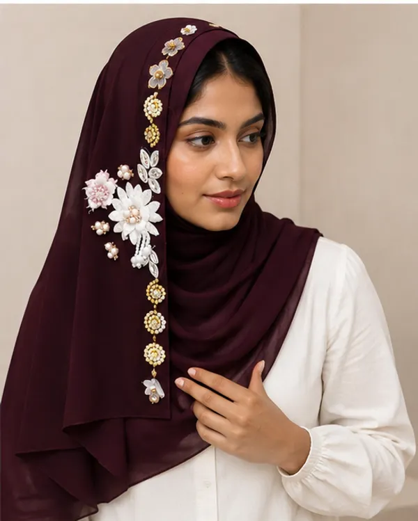 FAHAARI_Premium_Purple_Floral_Latkan_Georgette_Hijab_for_Women_&_Girls_|_Elegant_Side_Flower_Embellished_Islamic_Head_Scarf_|_Soft_Lightweight_|_Free_Size