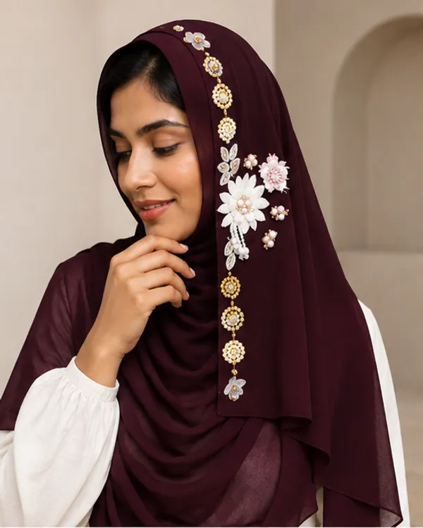 FAHAARI_Premium_Purple_Floral_Latkan_Georgette_Hijab_for_Women_&_Girls_|_Elegant_Side_Flower_Embellished_Islamic_Head_Scarf_|_Soft_Lightweight_|_Free_Size