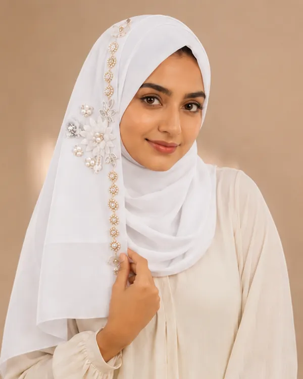FAHAARI_Premium_White_Floral_Latkan_Georgette_Hijab_for_Women_&_Girls_|_Elegant_Side_Flower_Embellished_Islamic_Head_Scarf_|_Soft_Lightweight_|_Free_Size