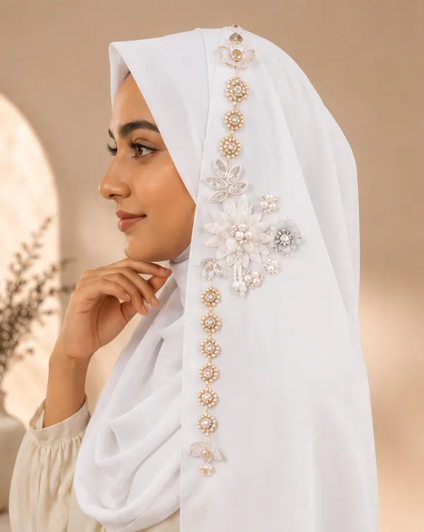 FAHAARI_Premium_White_Floral_Latkan_Georgette_Hijab_for_Women_&_Girls_|_Elegant_Side_Flower_Embellished_Islamic_Head_Scarf_|_Soft_Lightweight_|_Free_Size