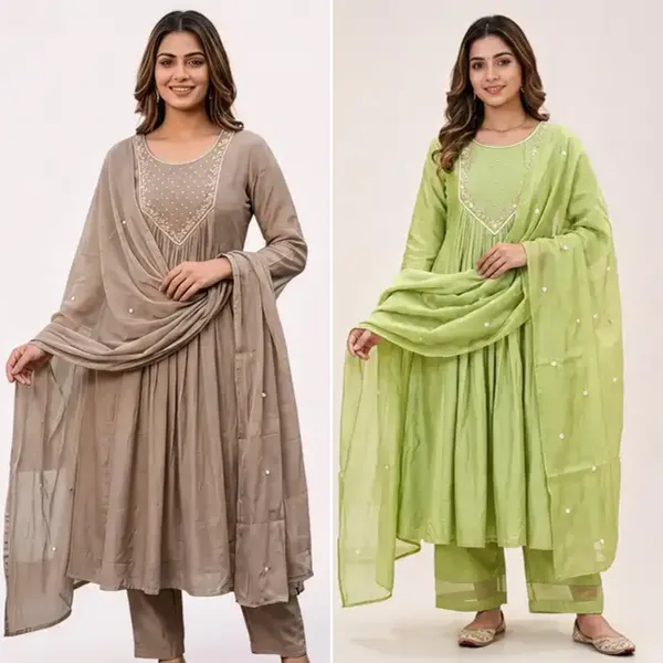 Green_&_Beige_Embroidered_Flared_Anarkali_Suit_Set_For_Women_(Combo_Of_2)
