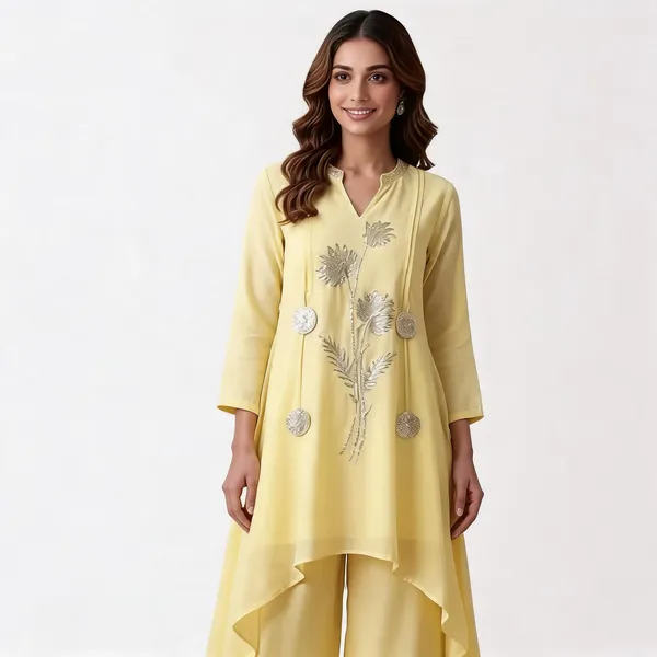 Yellow_Embroidered_High-Low_Kurta_Set_For_Women