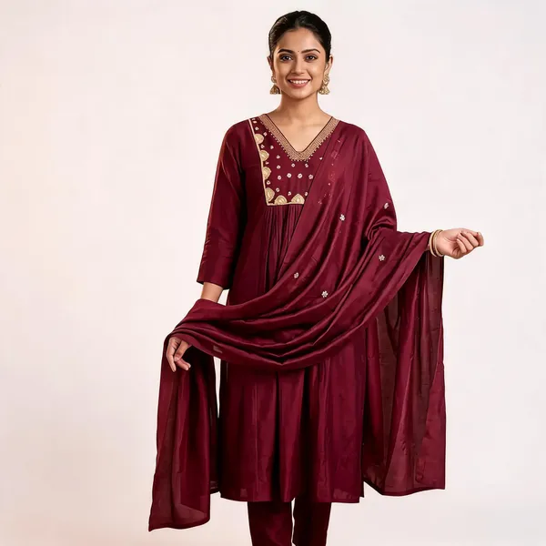 Burgundy_Embroidered_Flared_Kurta_Set_For_Women