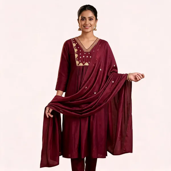 Burgundy_Embroidered_Flared_Kurta_Set_For_Women