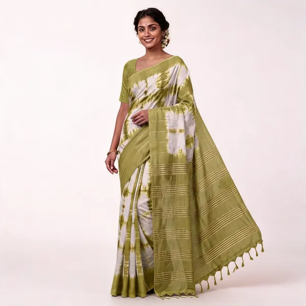 Olive_Green_And_White_Malwari_Cotton_Shibori_Saree_For_Women