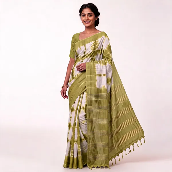 Olive_Green_And_White_Malwari_Cotton_Shibori_Saree_For_Women