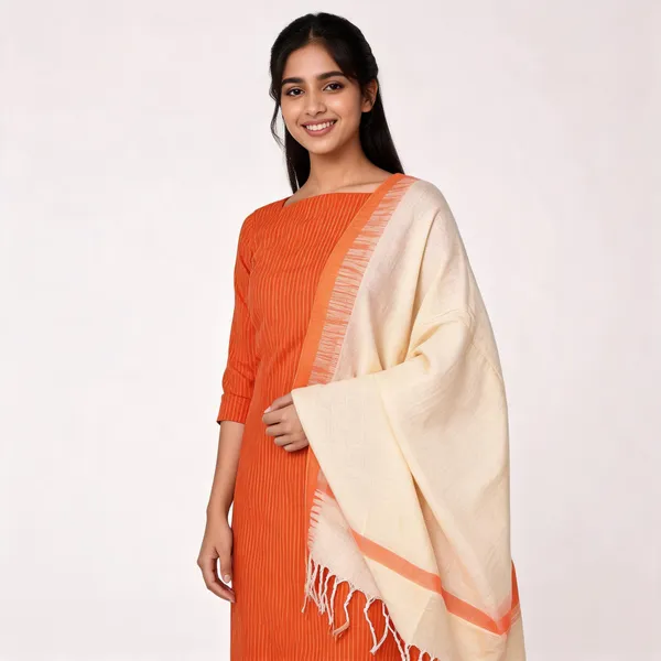 Orange_And_Cream_Cotton_Khadi_Stripes_Unstitched_Suit_Set_For_Women