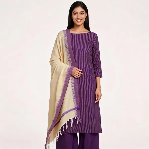 Purple_And_Cream_Cotton_Khadi_Stripes_Unstitched_Suit_Set_For_Women