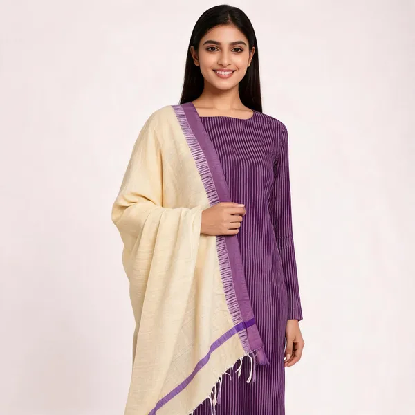 Purple_And_Cream_Cotton_Khadi_Stripes_Unstitched_Suit_Set_For_Women