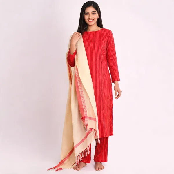 Cream_And_Red_Cotton_Khadi_Stripes_Unstitched_Suit_Set_For_Women