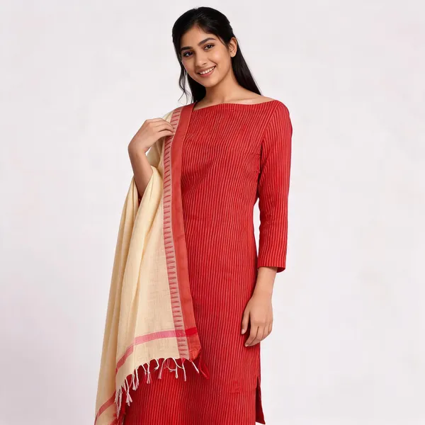 Cream_And_Red_Cotton_Khadi_Stripes_Unstitched_Suit_Set_For_Women