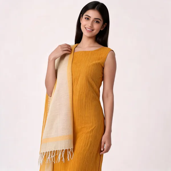 Mustard_Yellow_And_Cream_Cotton_Khadi_Stripes_Unstitched_Suit_Set_For_Women
