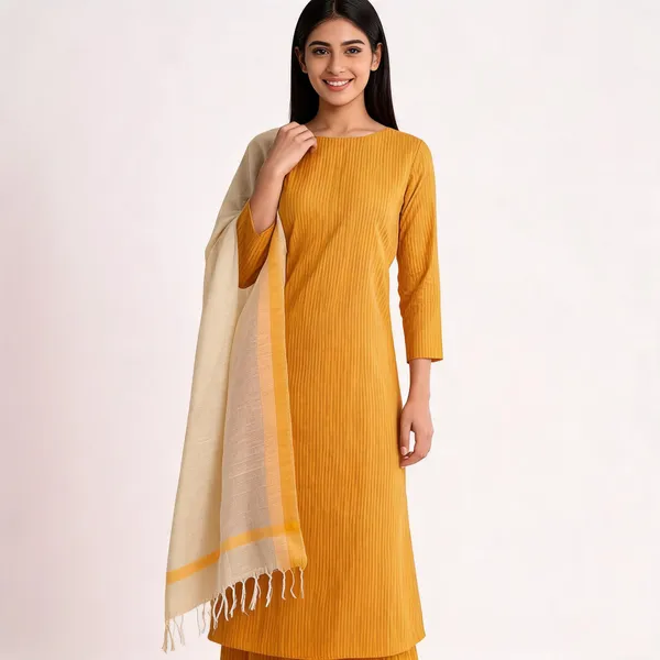 Mustard_Yellow_And_Cream_Cotton_Khadi_Stripes_Unstitched_Suit_Set_For_Women