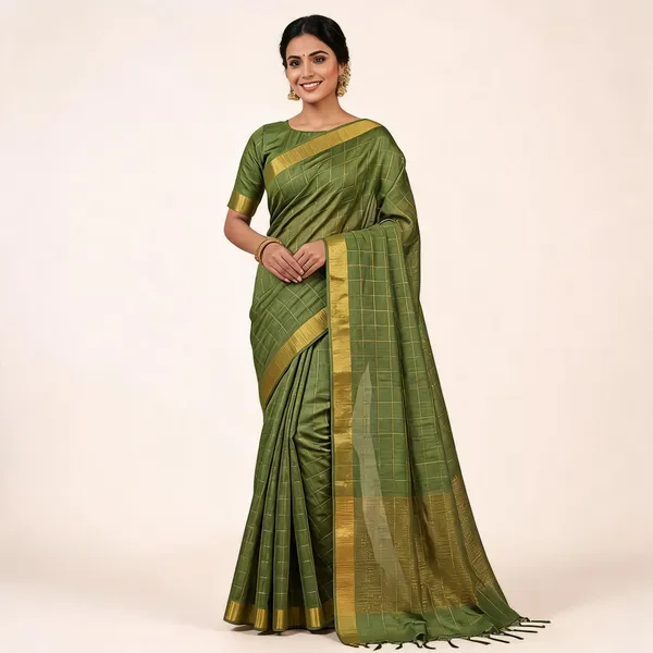 Green_Semi_Tussar_Check_Saree_For_Women