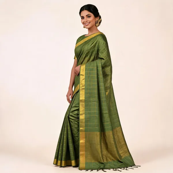 Green_Semi_Tussar_Check_Saree_For_Women