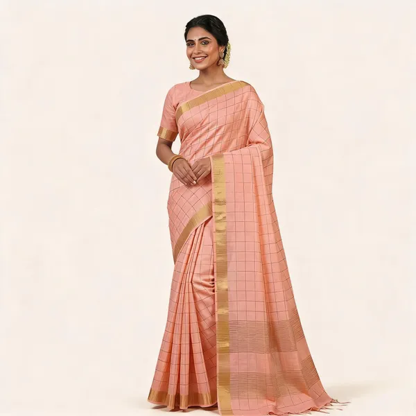 Peach_Semi_Tussar_Check_Saree_For_Women